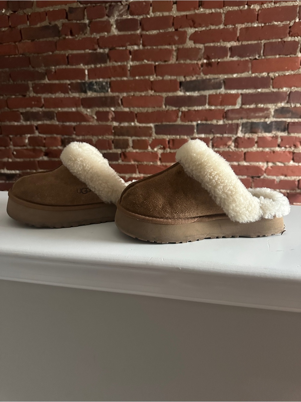 UGG Platform Chestnut Suede Shearling Slide Slippers with Cream Trim